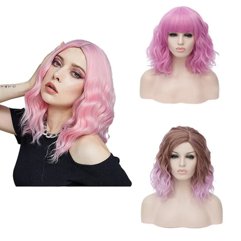 Shoulder Length Heat Resistant Pink Short Bob Wigs Synthetic Cosplay Pink Pastel Curly Wavy Wig for Girls Party