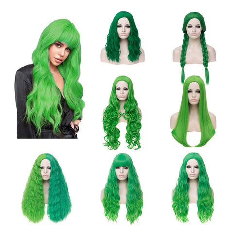 Heat Resistant Green Fiber Wigs Green Synthetic Long Curly Wavy Cosplay Party Wig for St Patricks Costume