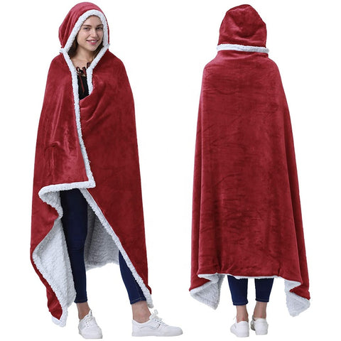 Oversized flannel sherpa hooded blanket wearable fleece blanket with hand pockets