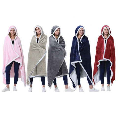 Oversized flannel sherpa hooded blanket wearable fleece blanket with hand pockets