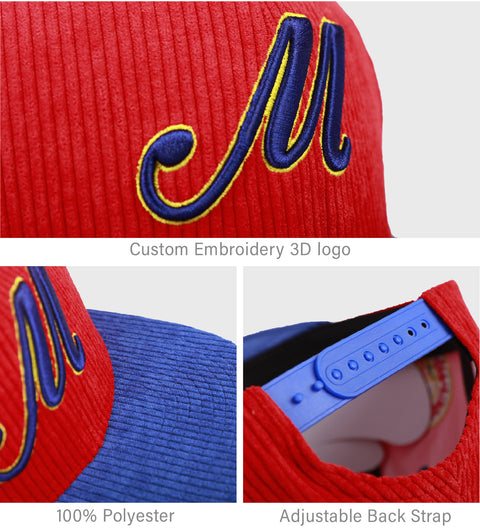 Custom Fashion Embroidered Logo  6 Panel Gorras Corduroy Snapback Caps