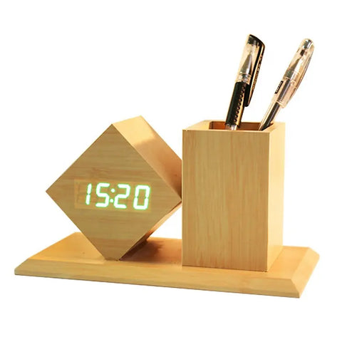 Desk Table Alarm Wooden LED Clock with Pen Holder